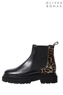 Oliver Bonas Black & Textured Leopard Print Chunky Ankle Boots (A59042) | 148 €