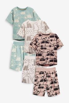 Marrón tostado/verde con medios de transporte - Pack de 3 pijamas cortos (9 meses-12 años) (A59530) | 30 € - 42 €