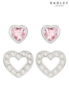 Pendientes de botón en forma de corazón de cristal transparente y rosa de plata de ley de Radley (A60063) | 50 €