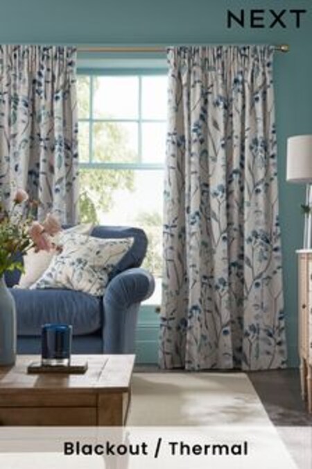 Blue Isla Floral Print Pencil Pleat Blackout/Thermal Curtains (A61366) | €53 - €117
