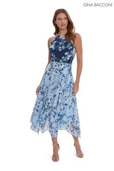 Gina Bacconi Blue Selene Floral Jersey and Chiffon Dress (A61402) | $418