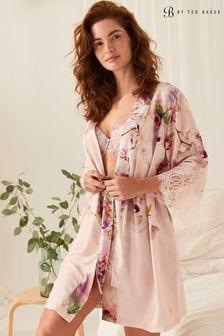 B by Ted Baker Pink Floral Satin Dressing Gown with Lace Details (A61428) | €77.50