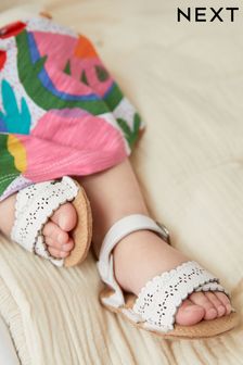 White Scallop Leather Little Luxe™ Pram Sandals (0-18mths) (A61577) | R238