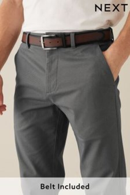 Grey Geometric Pattern Belted Soft Touch Straight Fit Chino Trousers (A61607) | $65