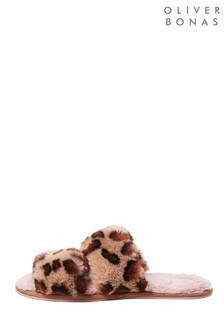 Oliver Bonas Double Strap Brown Animal Print Faux Fur Slippers (A61772) | 15 €