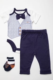 Little Gent Blue Bowtie Bodysuit, Trouser And Sock Set (A61968) | $48