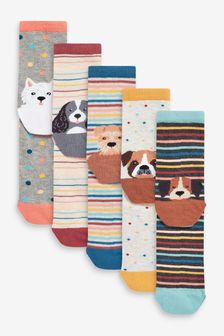 Visages de chien - Lot de 5 paires de chaussettes à rayures et pois motif personnage au talon (A62986) | €11