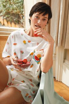 White Tropical Fruit Cotton Jersey Pyjama Short Set (A63459) | ₪ 64