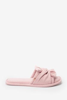 Růžová - Domácí pantofle s mašlí a vzorem rybí kosti (A63691) | 350 Kč