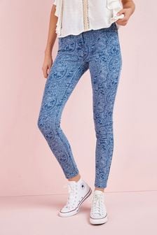 Niebieski we wzór paisley - Bardzo elastyczne legginsy dżinsowe (A65132) | 132 zł