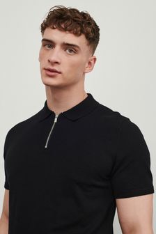 Black Knitted Zip Polo Shirt (A65608) | TRY 275