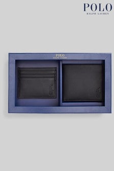 Conjunto de tarjetero y cartera plegable de cuero liso negro de Polo Ralph Lauren (A65955) | 105 €