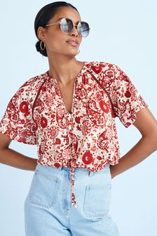 Red Paisley Print Volume Short Sleeve Top (A65995) | ₪ 105