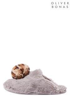 Oliver Bonas Grey Grey & Animal Print Pom Faux Fur Slippers (A66141) | 15 €