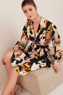 Yellow and Black Floral Satin Shirt Dress (A66165) | 70 €