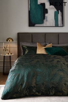 Green/Gold Luxe Leaf Jacquard Duvet Cover and Pillowcase Set (A66881) | 60 € - 100 €