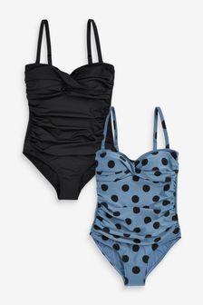 Black/Blue Spot 2 Pack Tummy Control Bandeau Swimsuits (A67337) | HK$573
