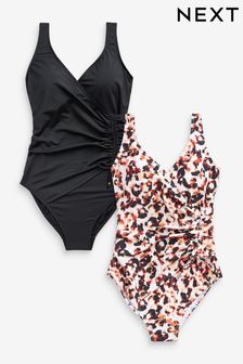 Noir/imprimé animal - 2 maillots de bain cache-cœur froncés Lot pour le contrôle du ventre (A67339) | €27