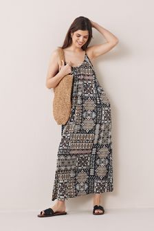Black/White Patch Print Strappy Satin Cami Summer Dress (A67423) | $42