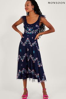 Monsoon Blue Fiorella Frill Strap Embroidered Dress (A67648) | 134 €