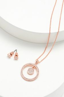 Rose Gold Plated Pave Disk Necklace & Earring Set (A67780) | 38 €