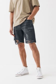 Black Washed Ripped - Straight Fit - Denim Shorts (A68038) | kr289