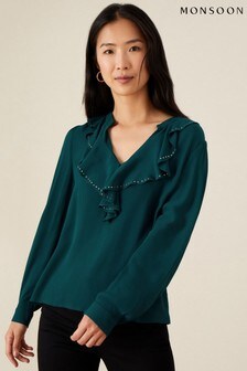 Monsoon Teal Studded Frill Neck Blouse (A68178) | ₪ 210