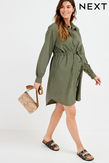 Khaki Green Maternity/Nursing Tie Waist Shirt Dress (A68227) | R451