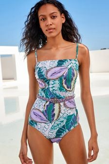 Purple Tropical Print Belted Bandeau Boobtube Swimsuit (A68262) | 64 zł