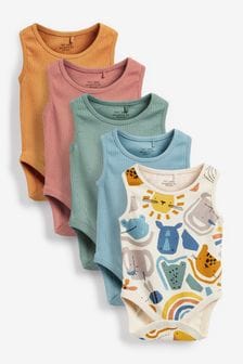Blue/Ochre Yellow Animal Baby 5 Pack Vest Bodysuits (A68441) | €15 - €19