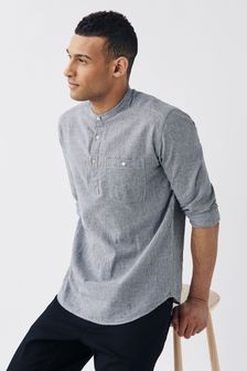 Charcoal Overhead Cotton Linen Blend Roll Sleeve Shirt (A68850) | $67