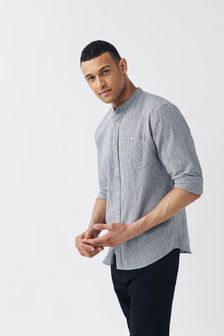 Charcoal - Grandad Collar - Cotton Linen Blend Roll Sleeve Shirt (A68851) | MYR 141