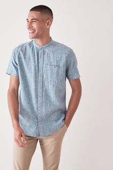Bleu - Col grand-père. - Chemise à manches courtes en lin et coton mélangés (A68855) | €24