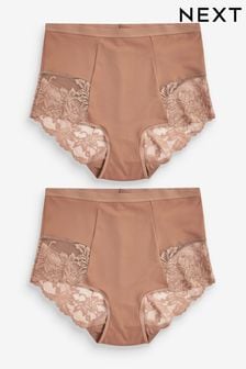 Neutral/Tan High Waist Brief Tummy Control Shaping Lace Back Brazilian Knickers 2 Pack (A69641) | kr360
