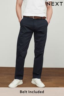 Navy Blue Straight Fit Belted Soft Touch Chino Trousers (A69644) | KRW58,200