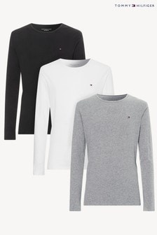 מארז 3 חולצות טי בייסיק ארוכות של Tommy Hilfiger מבד מובחר בשחור, לבן ואפור (A70205) | ‏210 ₪