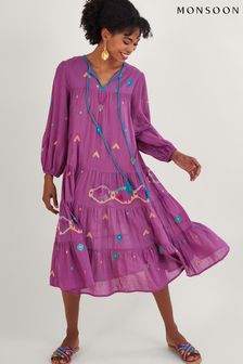 Fioletowa sukienka midi Monsoon z geometrycznym haftowanym wzorem (A70375) | 252 zł