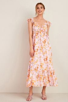 Розовая в цветочек - Платье миди с оборками на бретельках (A70931) | €20