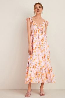 Rosa mit floralem Muster - Midi-Trägerkleid mit Rüschen (A70931) | 25 €