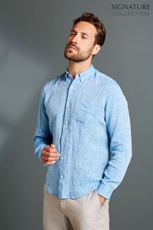 Голубой - Льняная рубашка с подвернутыми рукавами (A71579) | 1 010 грн