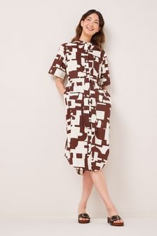 Brown/Cream Print Utility Tie Waist Midi Dress (A72379) | TRY 396