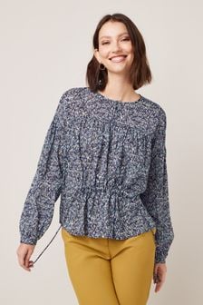 Blau, Farbkleks-Print - Langärmelige Bluse mit Schnürung vorne (A72384) | 11 €