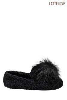LatteLove Black Sherpa Faux Fur Pom Pom Loafer Slippers