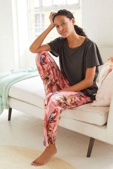 Charcoal/Pink Parrot Print Cotton Frill Sleeve Pyjamas (A72510) | ₪ 70