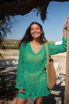 Green Long Sleeved Crochet Summer Dress (A72716) | $85