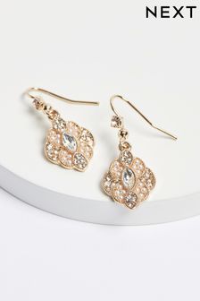 Gold Tone Vintage Pearl And Sparkle Drop Earrings (A73487) | €10