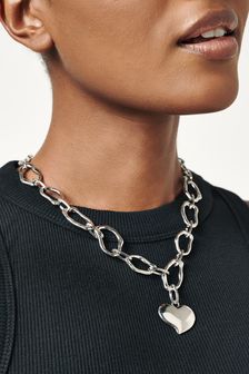 Серебристый цвет - Ожерелье-цепочка с крупными звеньями и подвеской в виде сердца (A73490) | 8 590 тг