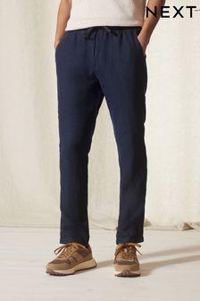 Navy Blue 100% Linen Elasticated Waist Trousers (A73519) | 14,480 Ft