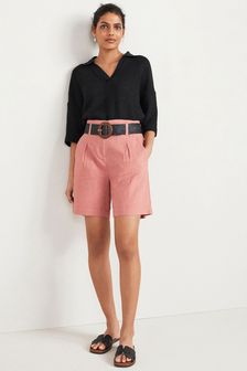 Coral Pink Belted Linen Blend Shorts (A73882) | $42