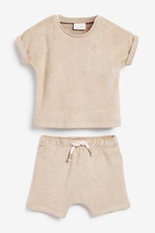 Neutral Cream Towelling Baby T-Shirt And Shorts Co-ord Set (A74632) | kr133 - kr160